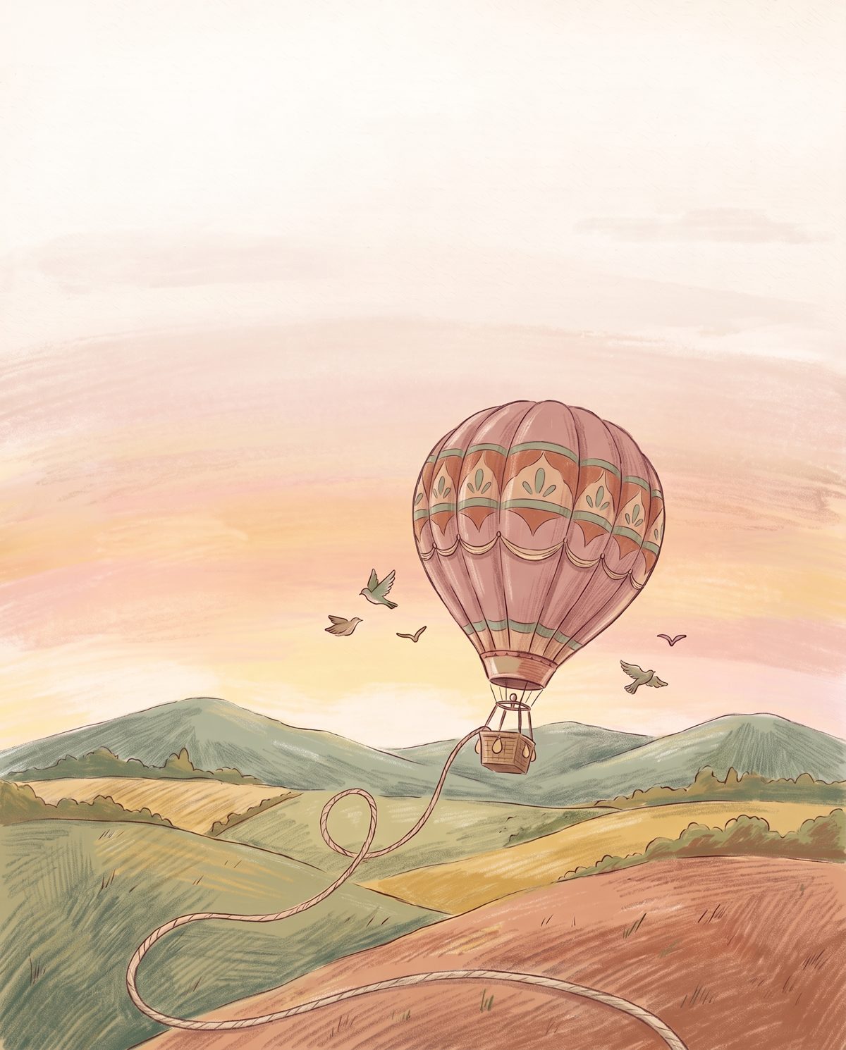 Illustration of a rose-coloured hot-air balloon rising over green hills at sunrise, its rope trailing loose.