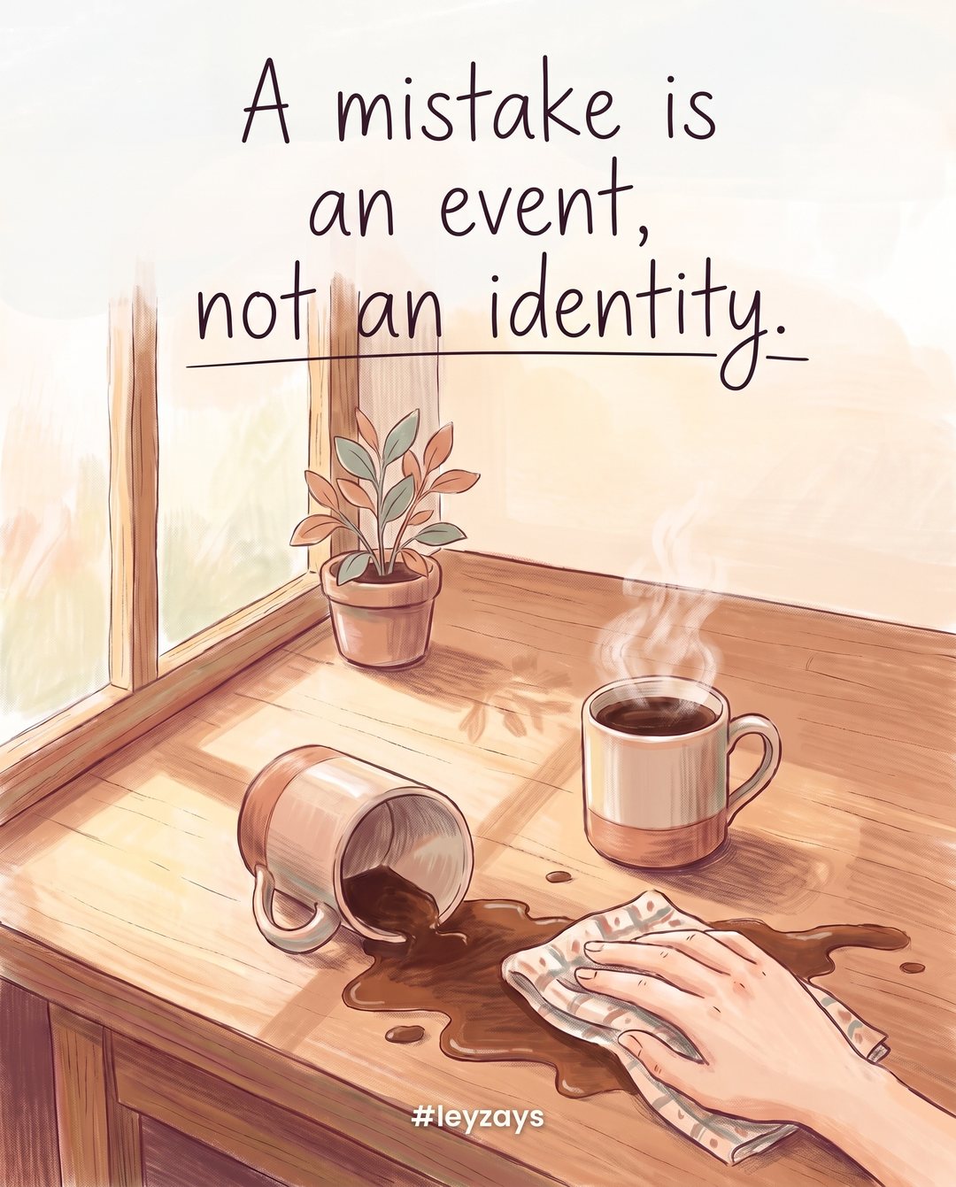 Illustration: A spilled cup of coffee on a wooden table being wiped with a cloth, a fresh cup already poured beside it, morning sunlight.
