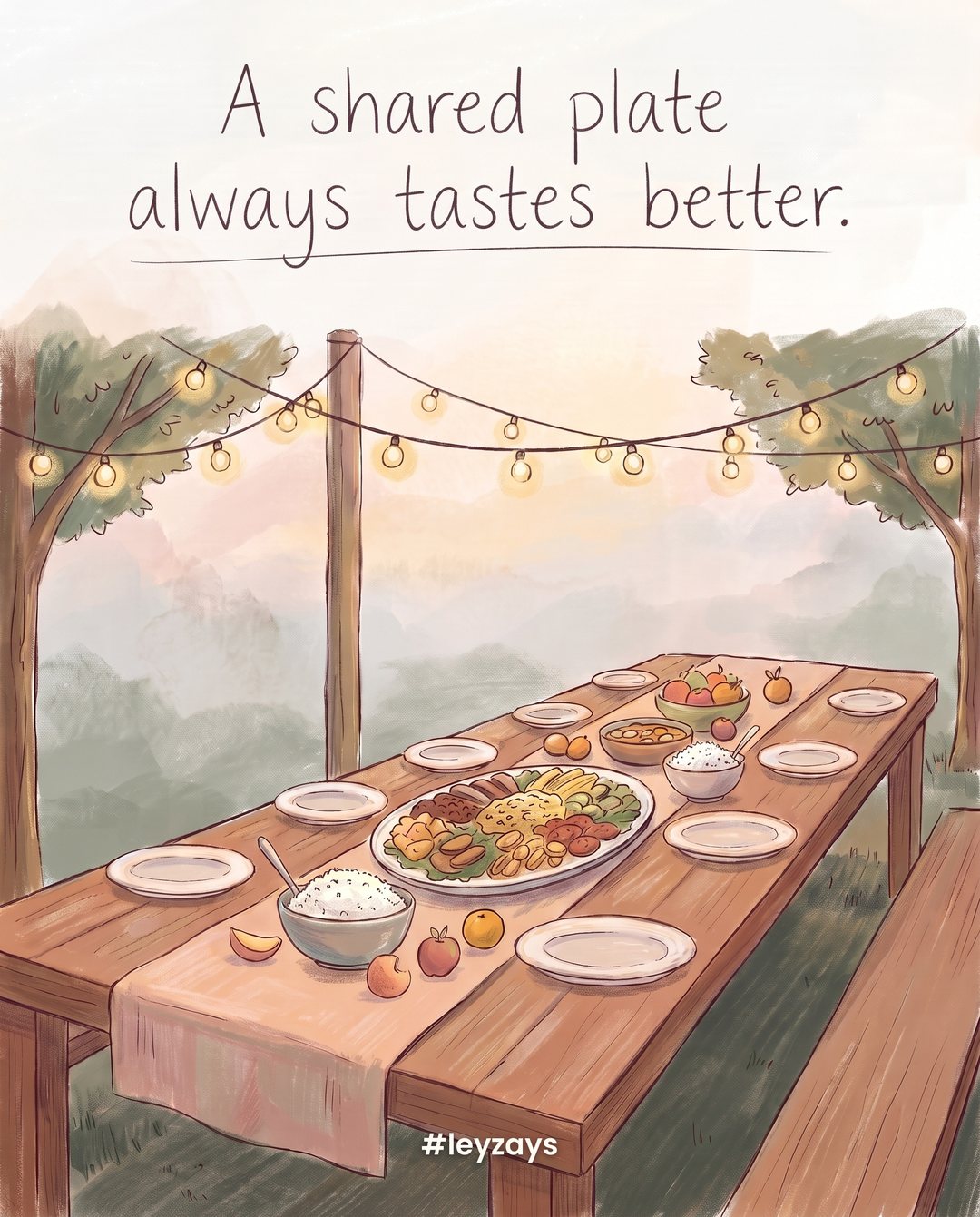 Illustration: A long wooden table outdoors with a big shared platter of food, bowls of rice, fruit and plates for many, string lights above at dusk, no people.