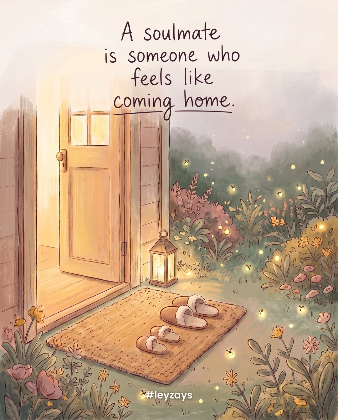Illustration: A warm lit doorway of a small cottage at dusk with a doormat, a lantern and two pairs of slippers waiting inside, fireflies in the garden.