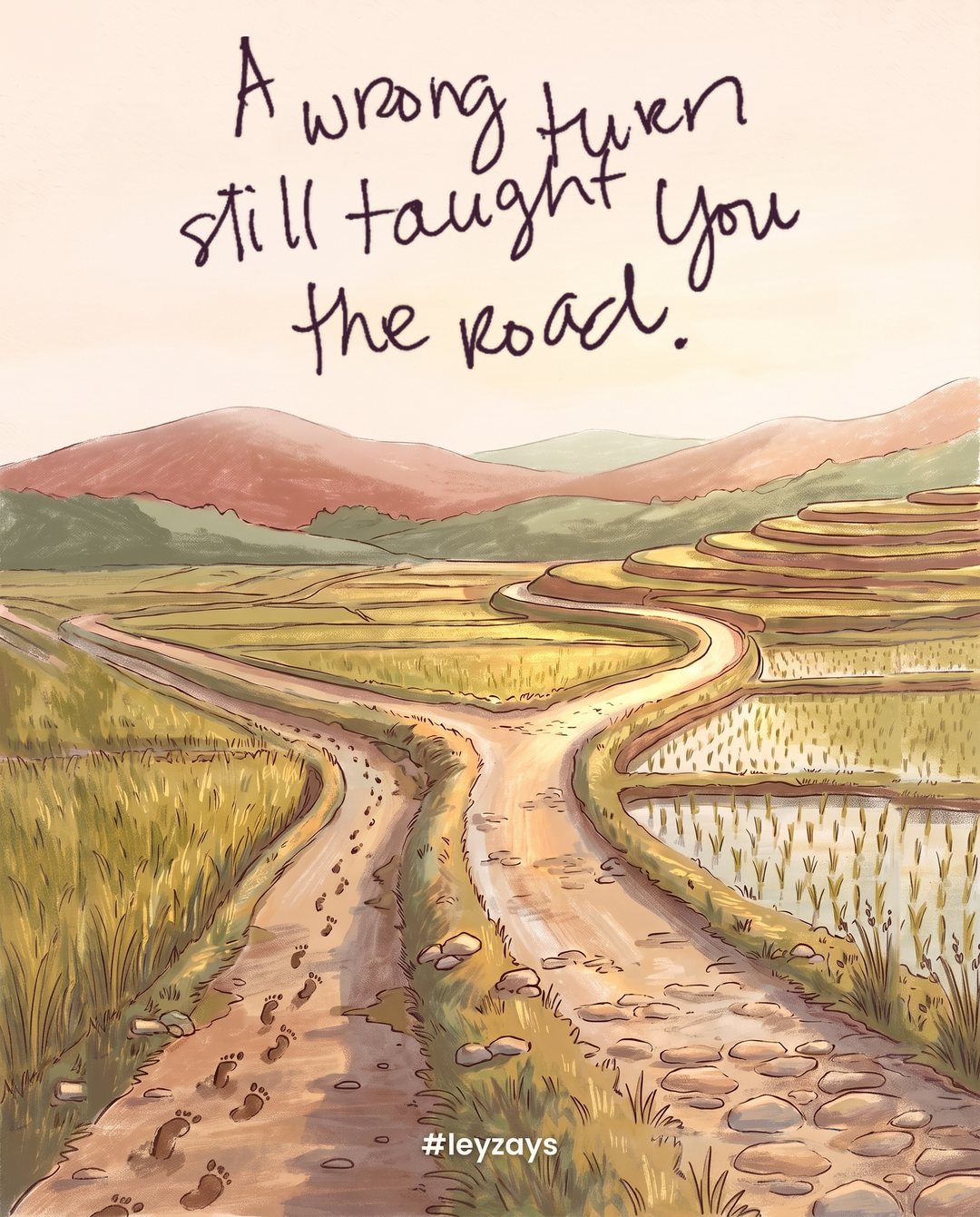 Illustration: A winding country road splitting at a fork among rice fields, one path with small footprints that turn back and rejoin the other path, golden late-afternoon light.