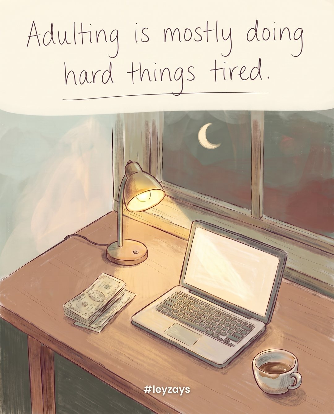 Illustration: A kitchen table at night with a laptop, a stack of bills, a half-drunk cup of coffee and a small desk lamp glowing, a window showing the moon.
