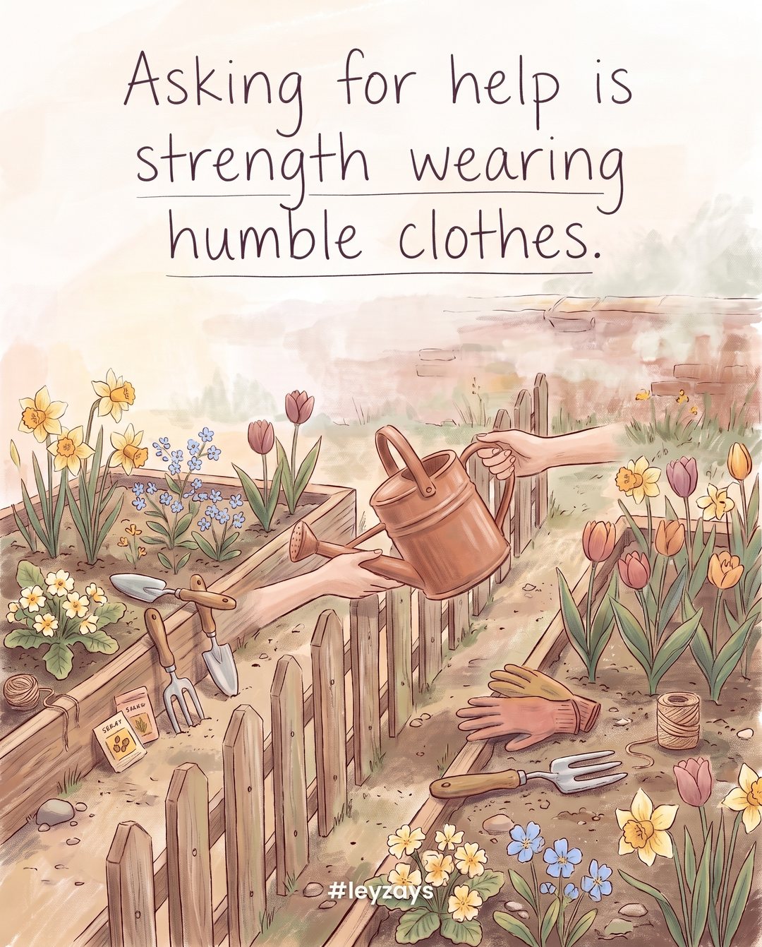 Illustration: Two hands' worth of gardening tools shared between two garden plots over a low fence, a watering can passed across, spring flowers, no people.