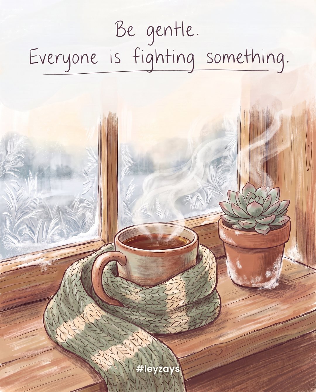 Illustration: A soft knitted scarf wrapped around a warm cup of tea on a cold morning windowsill, frost on the glass, a small potted plant.