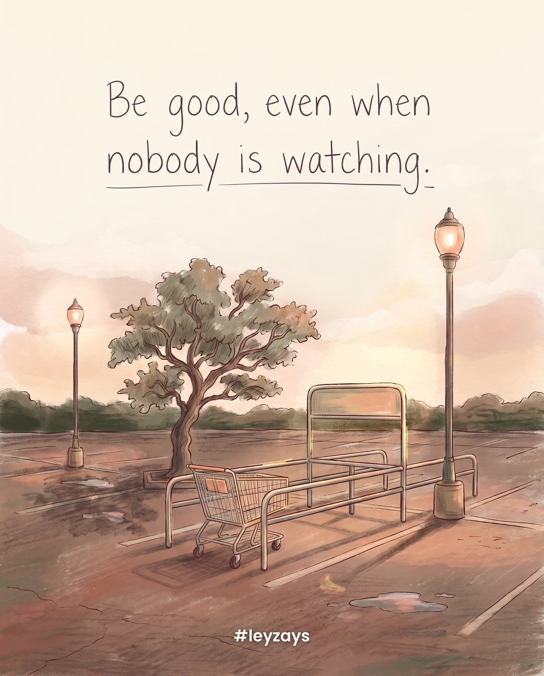 Illustration: A shopping cart returned neatly to its bay in an empty parking lot at sunset, a single tree and streetlights coming on.