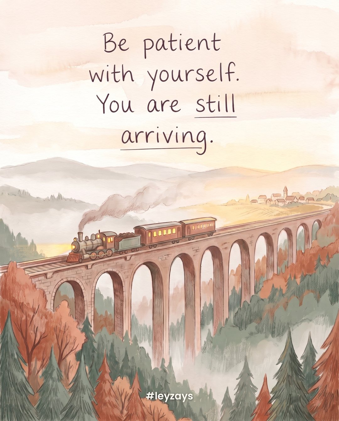 Illustration: A small train crossing a long bridge over a misty green valley at sunrise, its lights warm, the destination town faintly visible far ahead.