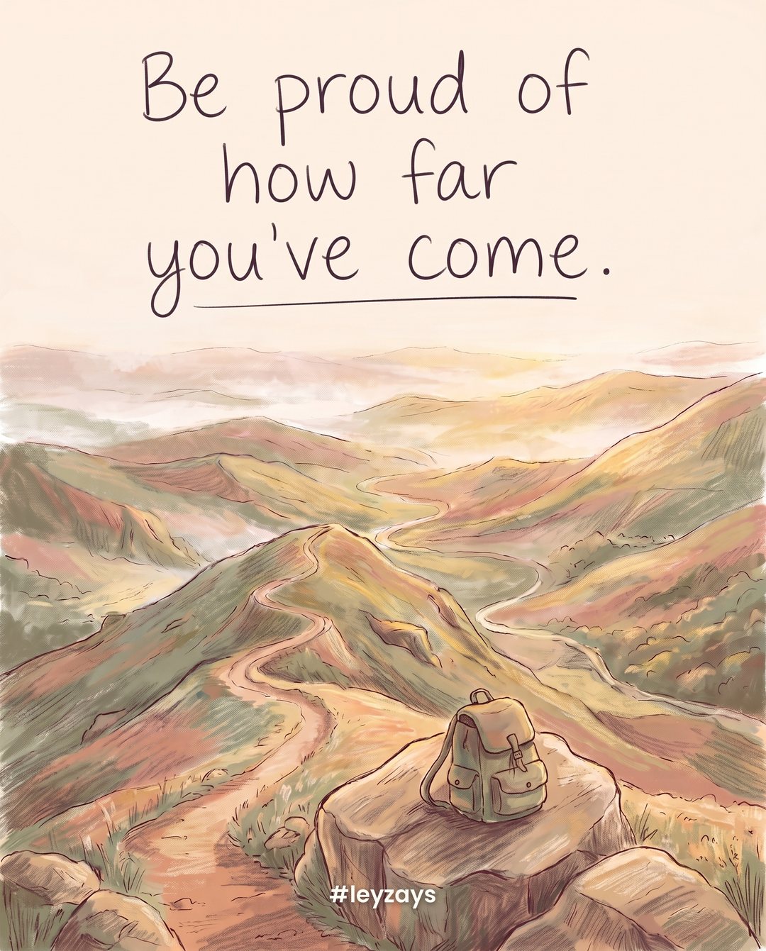 Illustration: A winding mountain trail seen from the top, with a small backpack resting on a rock at the summit and a wide view of valleys below, sunrise.