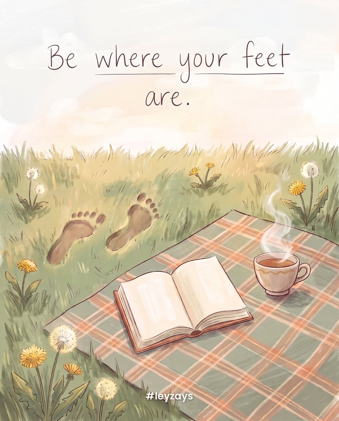 Illustration: Two bare feet's footprints in soft green grass beside a picnic blanket, a book and a cup of tea, dandelions, warm late afternoon light (no person).