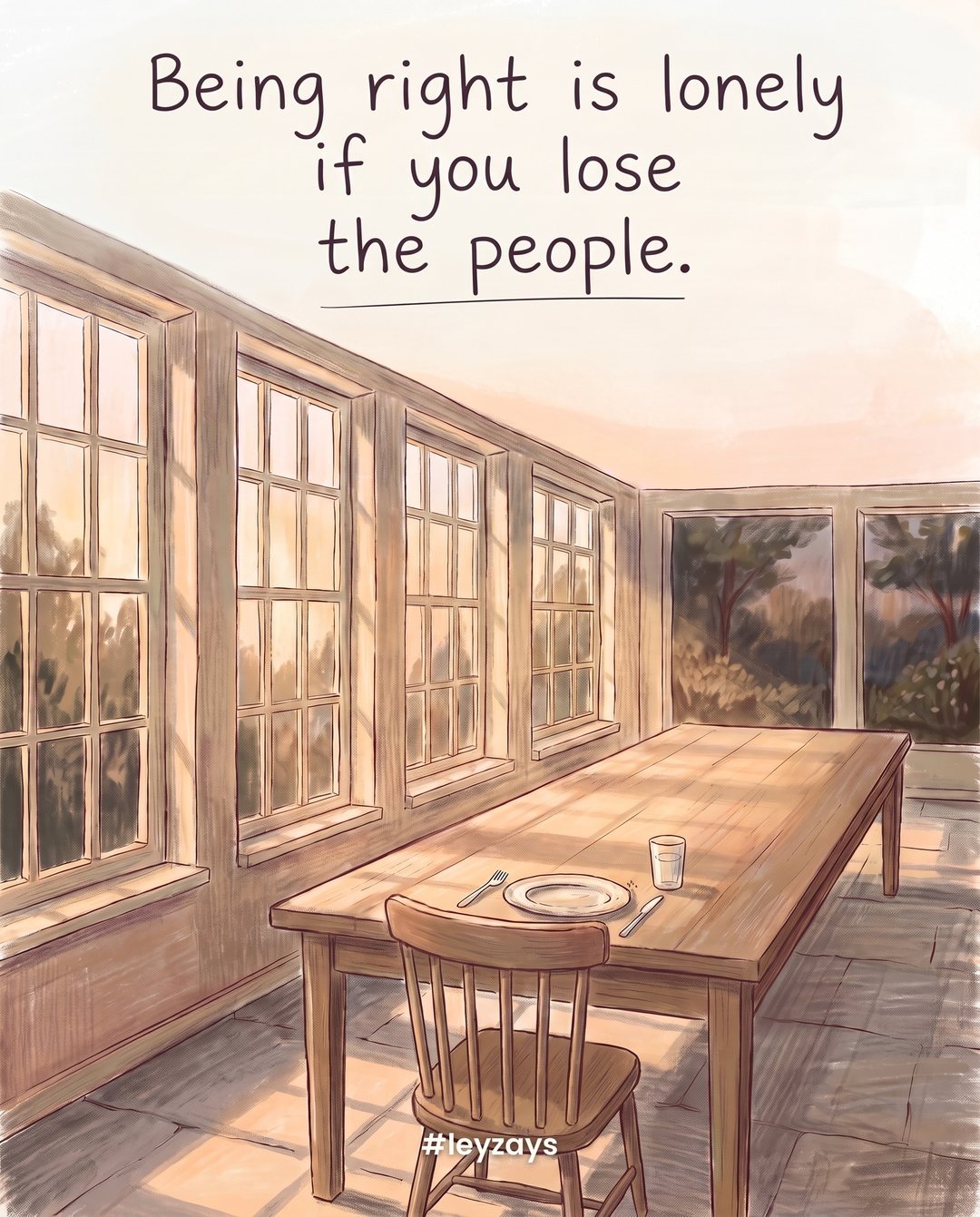 Illustration: A single chair at the head of a long empty dining table, a lone plate and glass, evening light through tall windows.