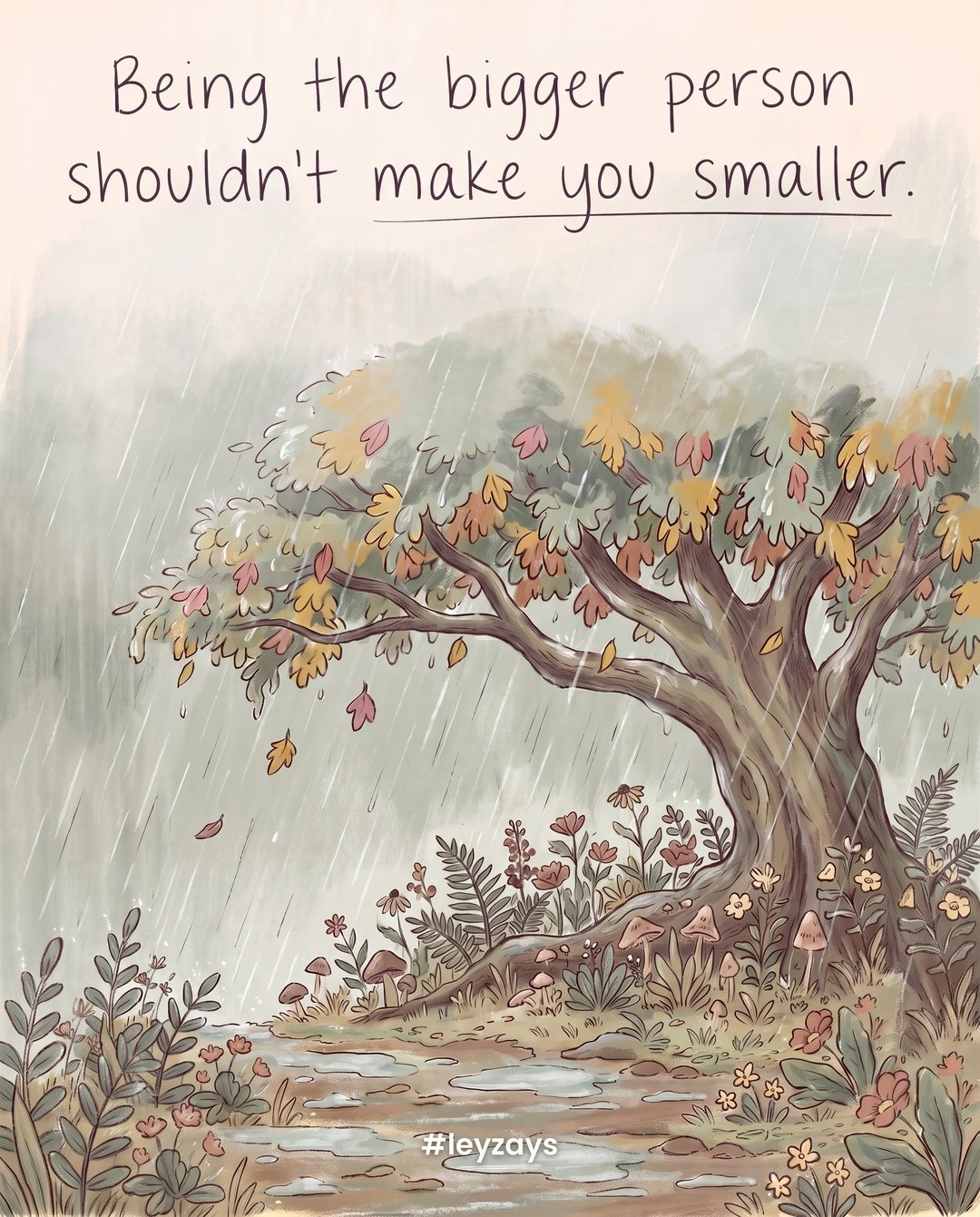 Illustration: A large tree in the rain sheltering many small plants beneath its branches, a few of its own leaves falling, gentle grey-green light.