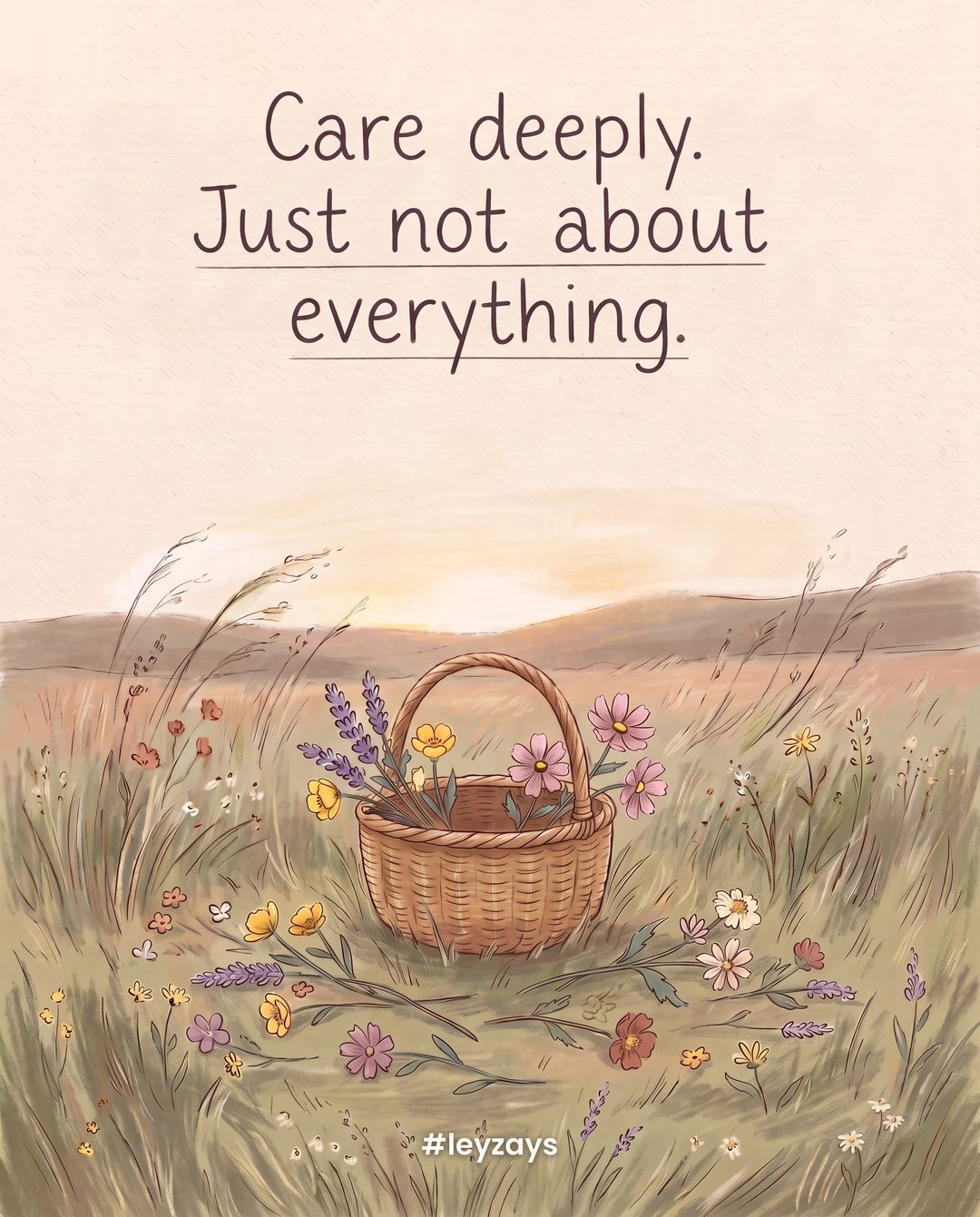 Illustration: A small woven basket holding only a few chosen wildflowers, other flowers left lying on the grass around it, soft breeze, meadow at dusk.