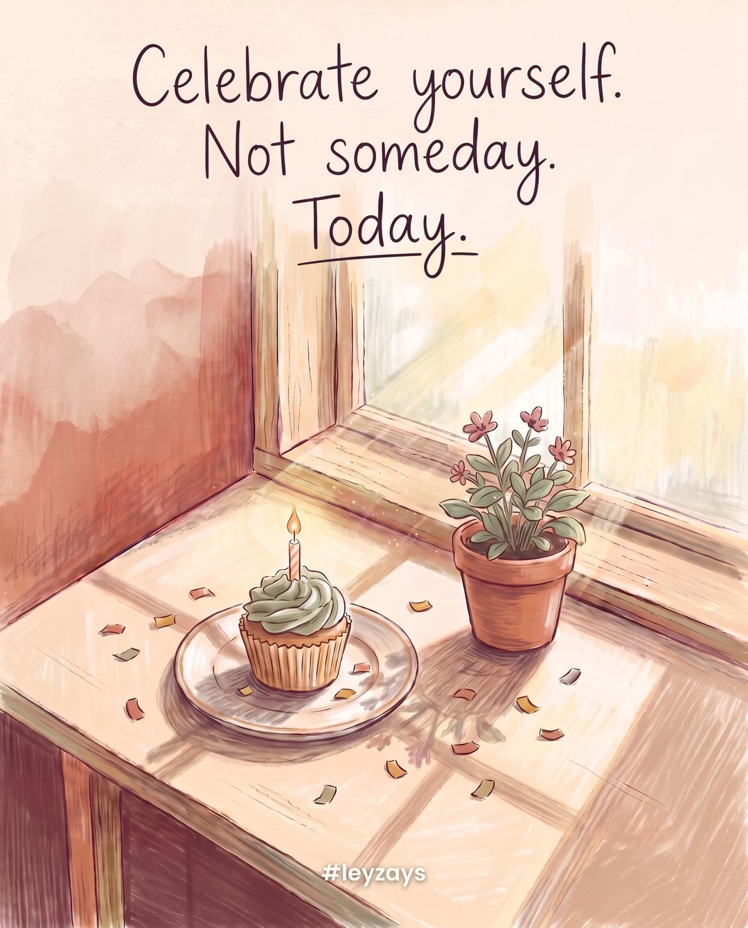Illustration: A single cupcake with one lit candle on a sunny windowsill, a little paper confetti scattered around, a small potted plant beside it.