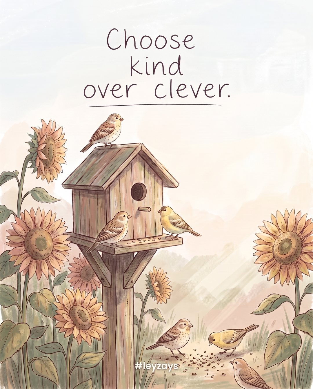 Illustration: A simple wooden birdhouse on a garden post with birds feeding, a scattering of seeds, sunflowers growing nearby, morning light.