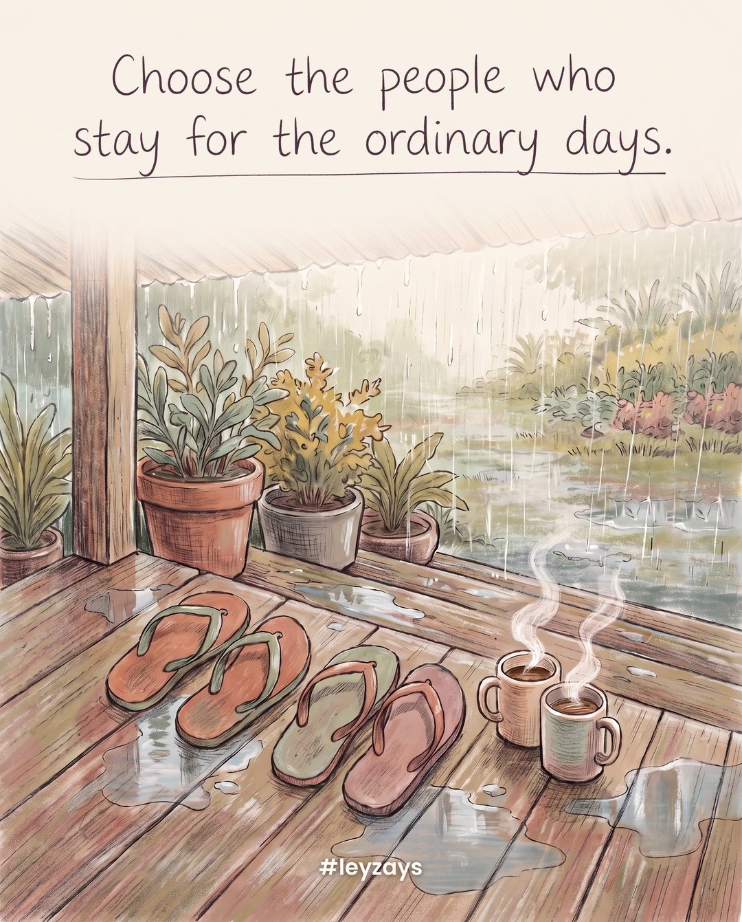 Illustration: Two pairs of worn tsinelas (flip-flops) side by side on a wooden porch step on a rainy morning, two steaming cups of coffee beside them, potted plants and rain falling beyond the eaves.