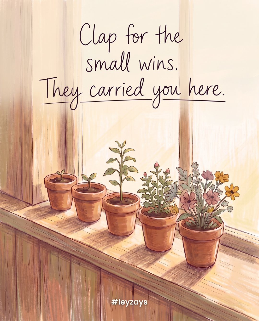 Illustration: A row of small clay pots with seedlings on a sunny windowsill, each plant a little taller than the last, the final one in bloom.