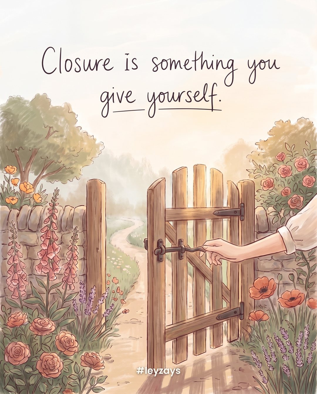 Illustration: A wooden garden gate being gently closed on a latch, a peaceful path behind it, morning light, flowers along the fence.
