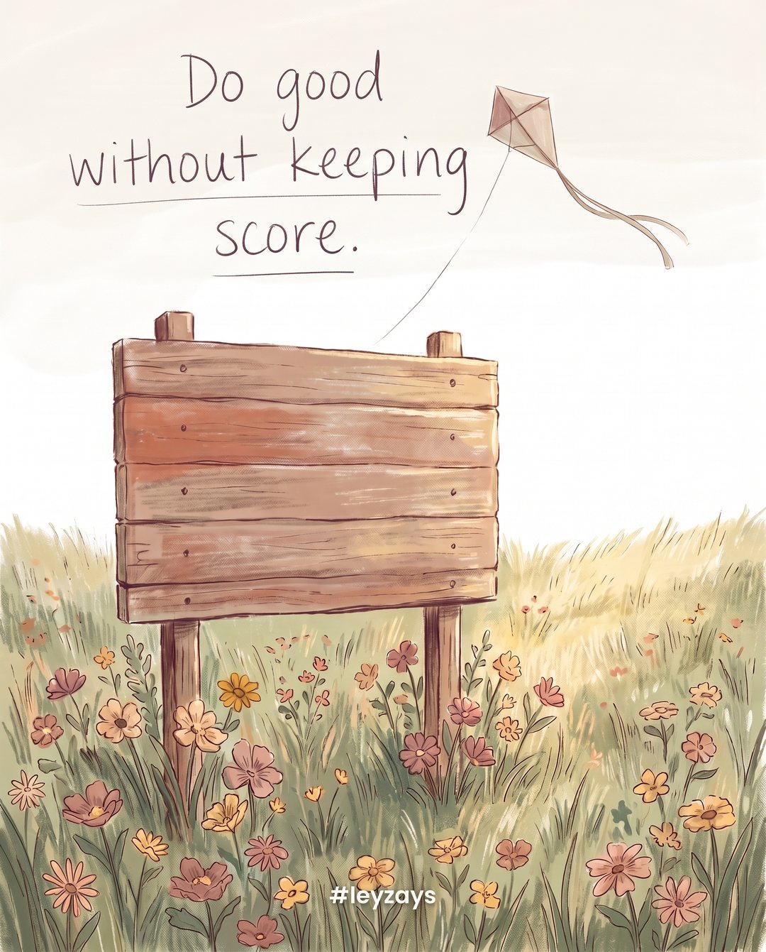 Illustration: An old wooden scoreboard left blank in a sunny grassy field with wildflowers growing around its base, a kite in the sky.