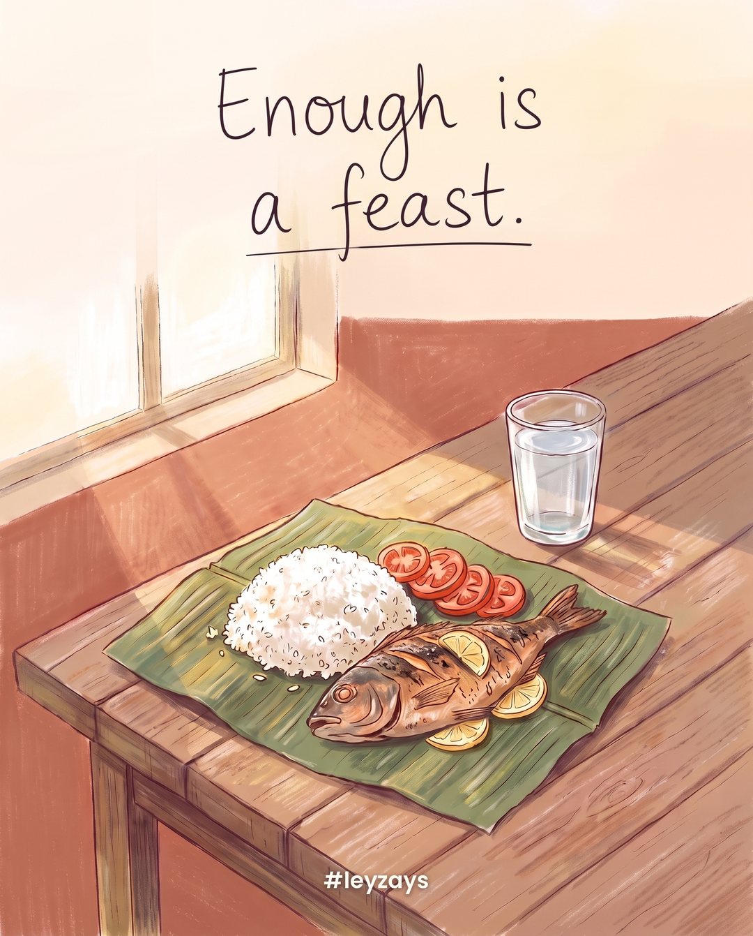 Illustration: A simple meal of rice, grilled fish and sliced tomatoes served on a banana leaf on a wooden table, a glass of water, warm sunlight.