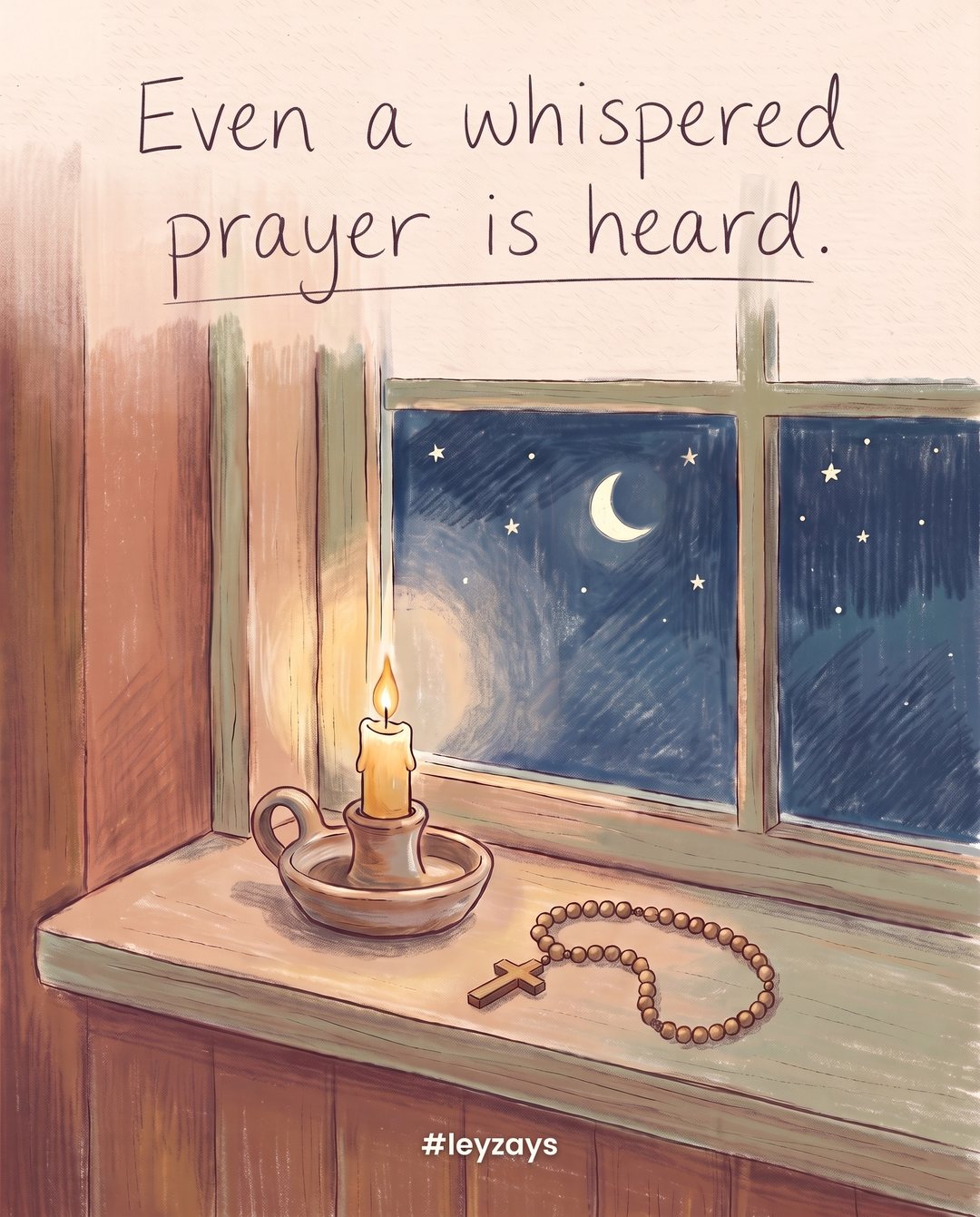 Illustration: A single small lit candle on a windowsill at night beside a wooden rosary, a soft glow on the glass, stars and a crescent moon outside.