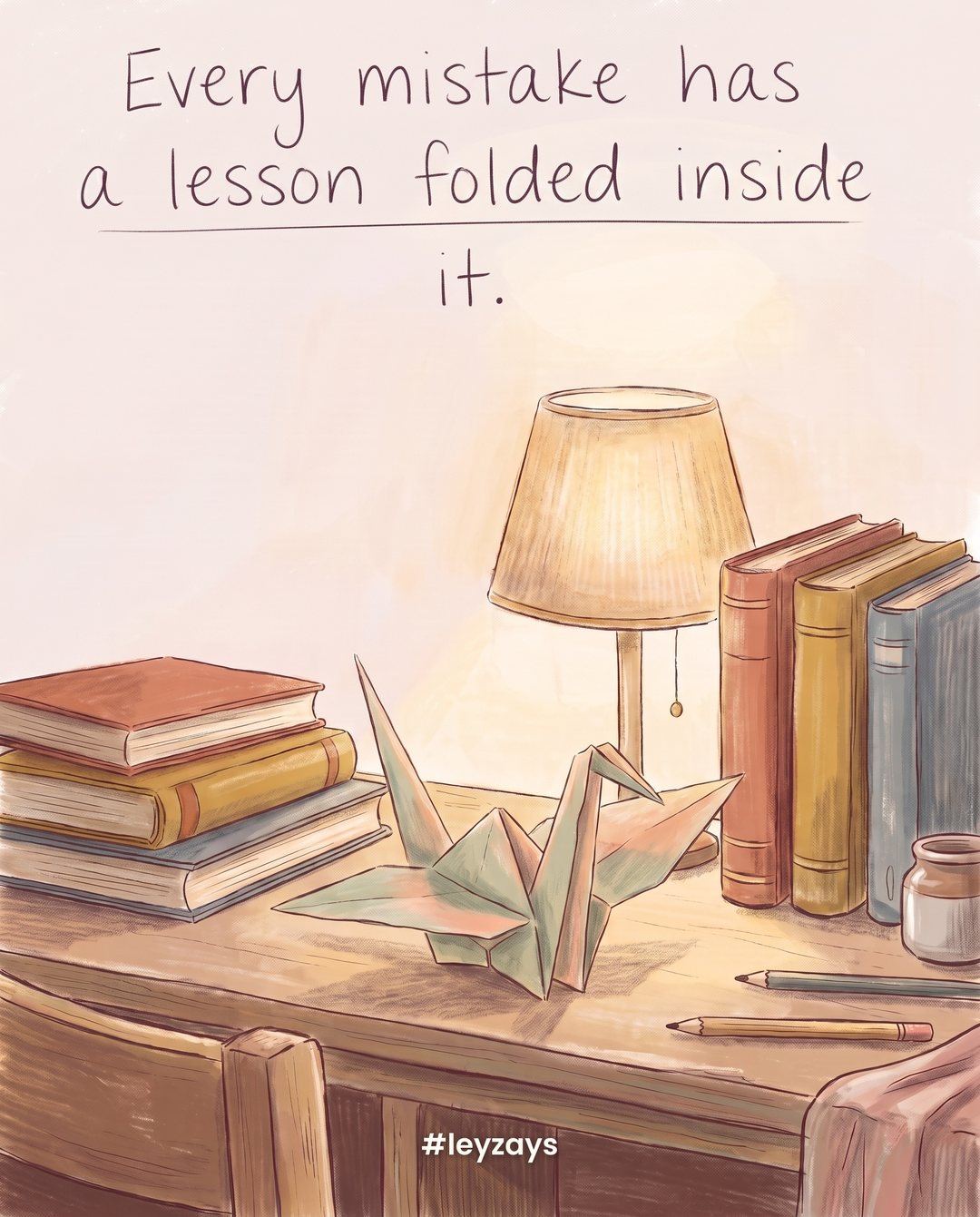 Illustration: An origami paper crane made from a crumpled piece of paper, sitting on a desk beside a lamp and a stack of books, warm light.