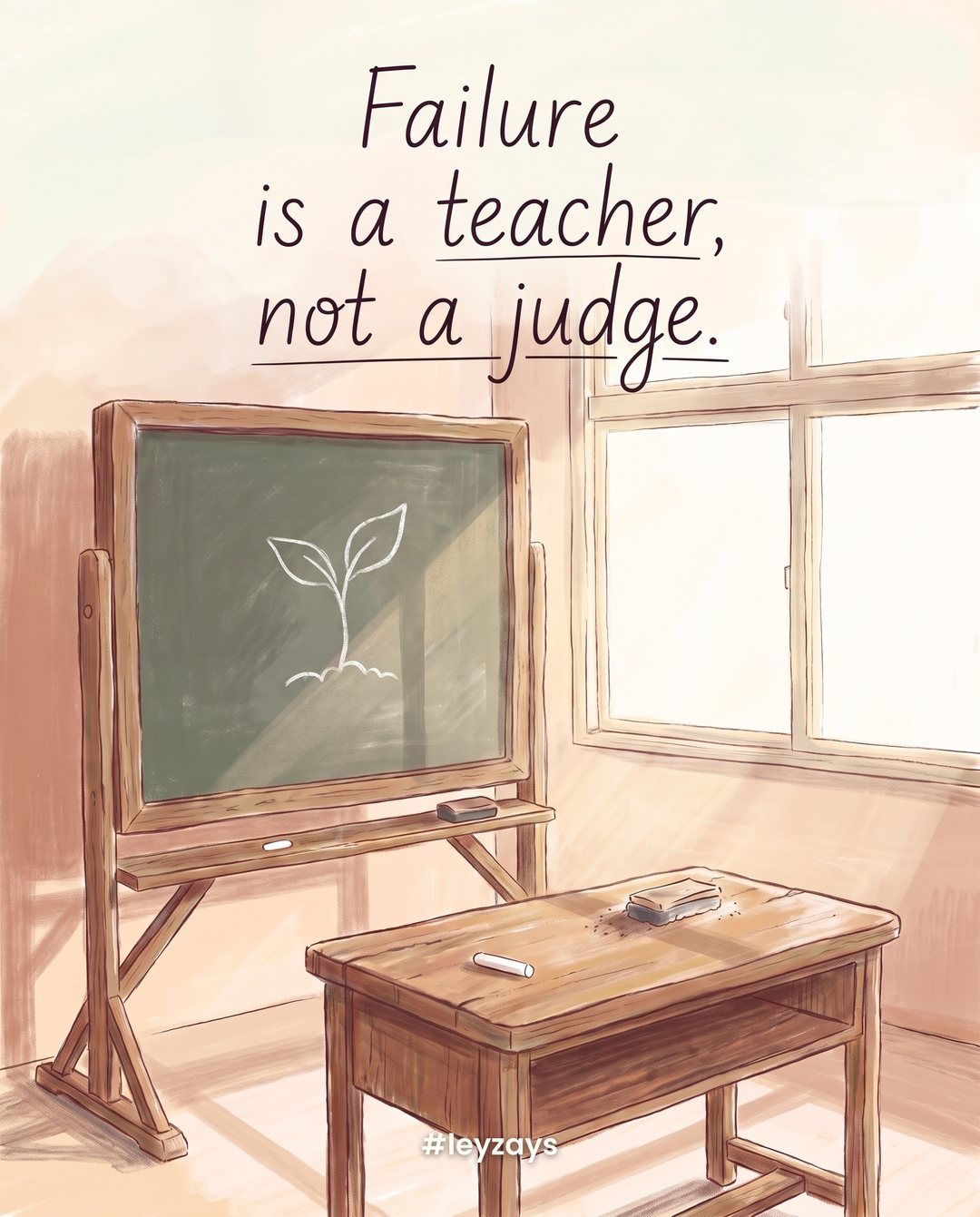 Illustration: An old school chalkboard in an empty sunlit classroom with a simple chalk drawing of a sprouting plant, a wooden desk and a piece of chalk.