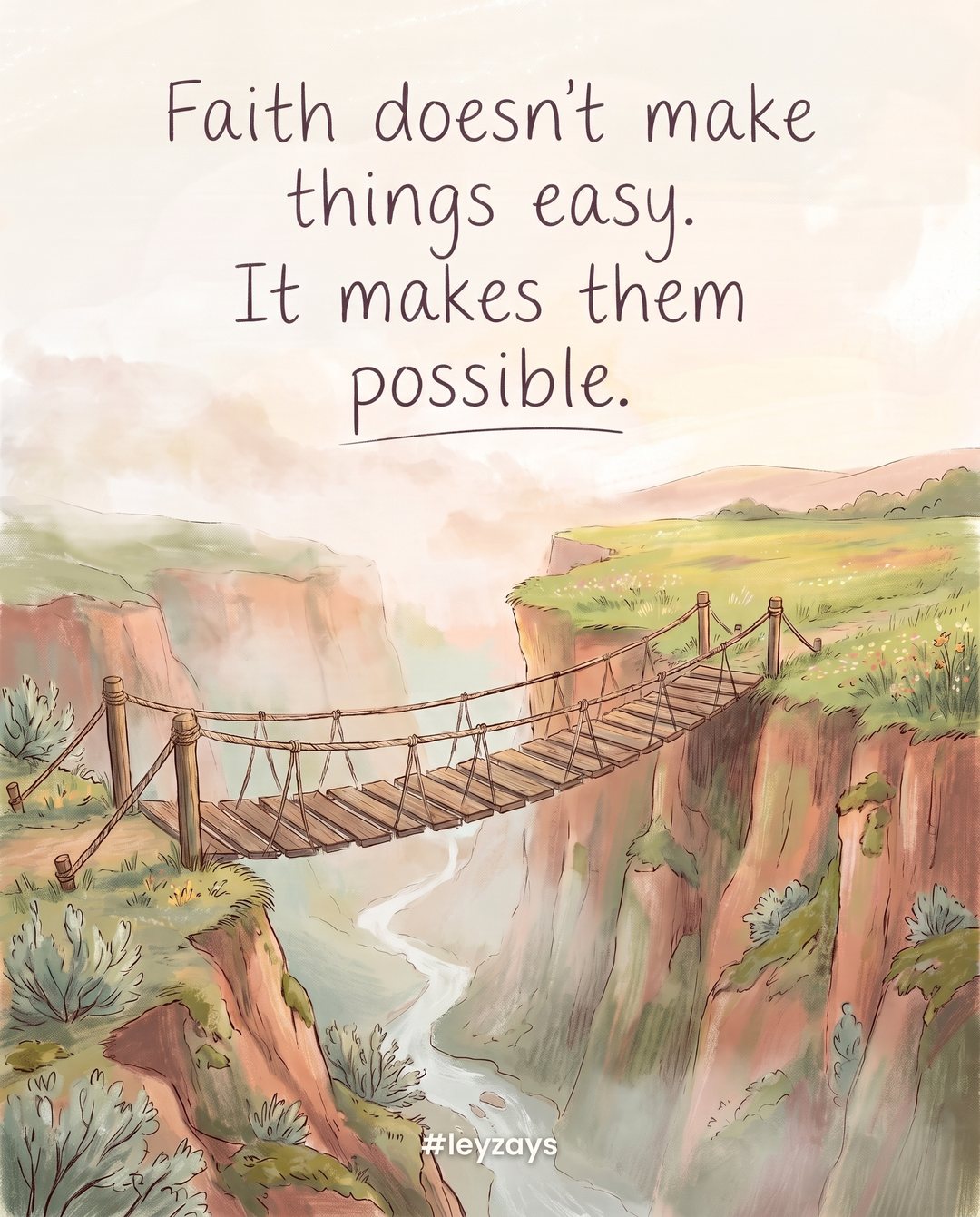 Illustration: A narrow wooden rope bridge crossing a deep misty gorge toward a sunlit green meadow on the other side.