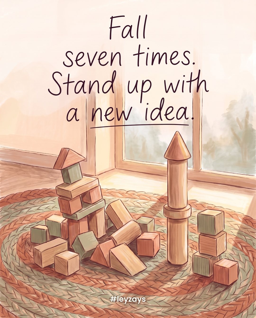 Illustration: A wooden block tower that has fallen over on a playroom rug, next to a new, differently shaped tower being built beside it, soft window light.