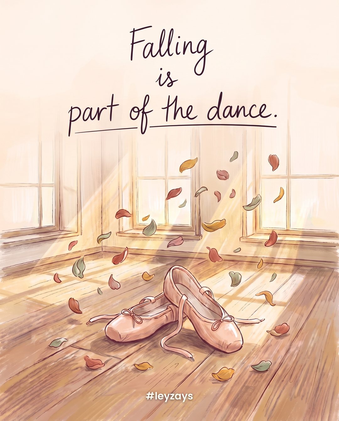 Illustration: A pair of untied pink ballet shoes lying on a sunlit wooden dance-studio floor, tall windows behind, flower petals swirling and drifting down around them like a dance.