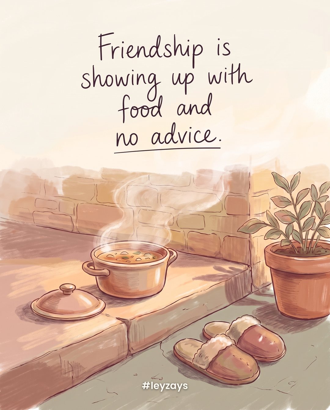 Illustration: A pot of soup and a covered dish on a doorstep beside a pair of slippers, evening light, a potted plant, no people.