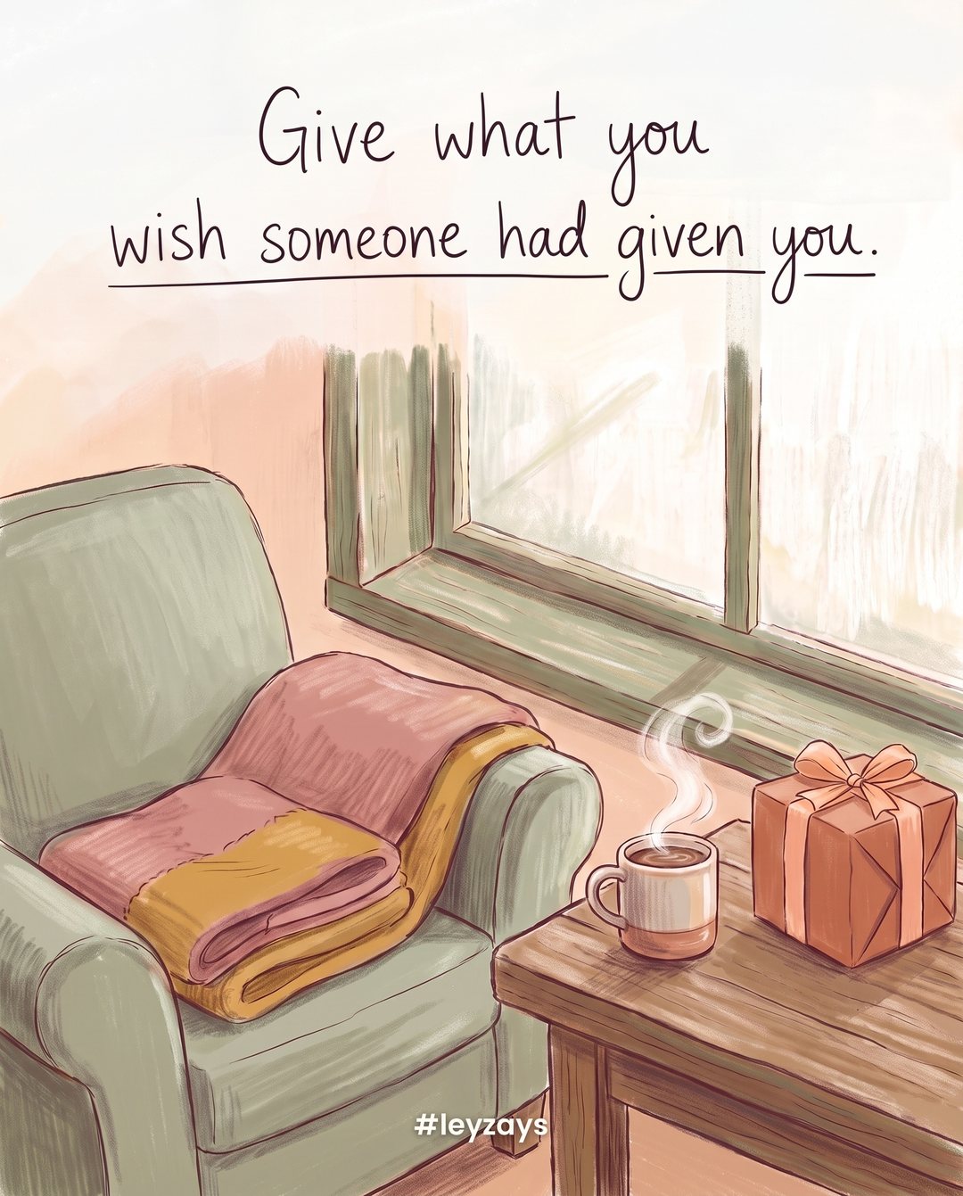 Illustration: A cozy chair with a folded warm blanket and a steaming mug of cocoa beside it, a note-free gift box with a ribbon, soft winter light through a window.