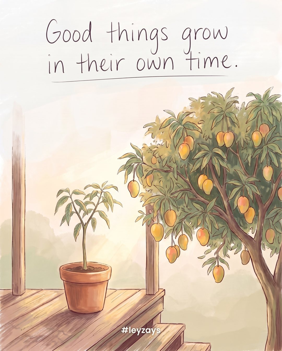 Illustration: A small mango tree seedling in a clay pot on a sunny wooden porch next to a fully grown mango tree heavy with fruit.