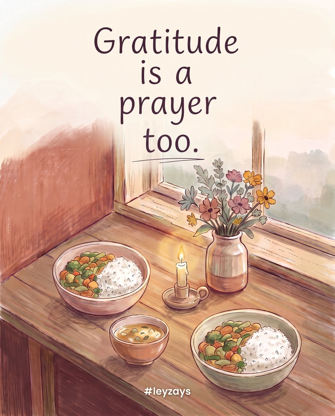Illustration: A wooden table set with a simple meal of rice, vegetables and soup in the evening, a small candle and flowers, warm golden light, no people.