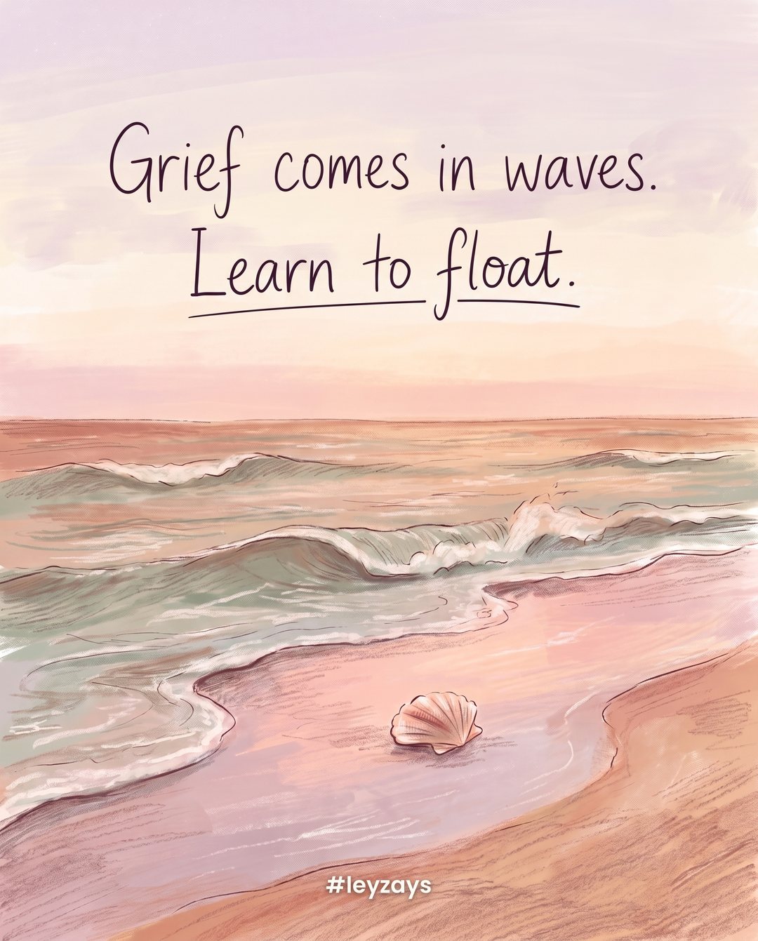 Illustration: Gentle ocean waves rolling toward a peaceful beach at dusk, a single seashell on wet sand, a soft pink and lavender sky.