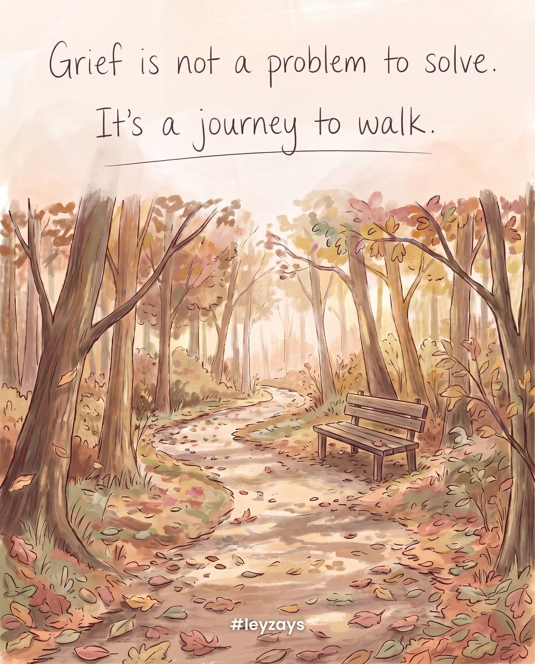 Illustration: A long winding path through a quiet autumn forest with fallen leaves, a wooden bench halfway along, soft light filtering through the trees.