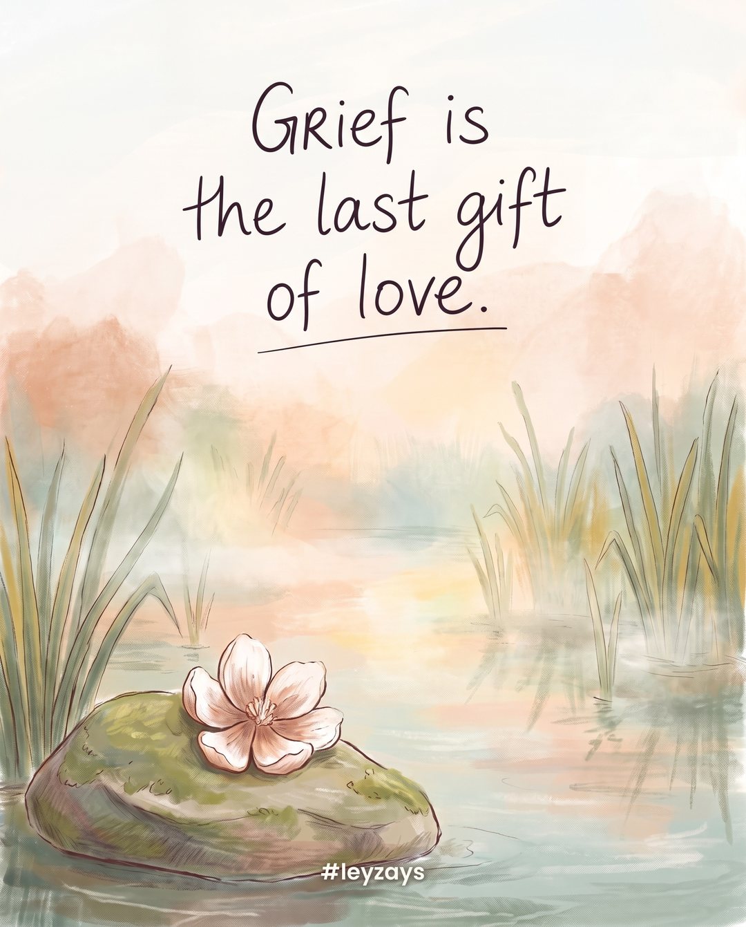 Illustration: A single white flower laid on a smooth stone beside a still pond, gentle morning mist, soft green reeds.