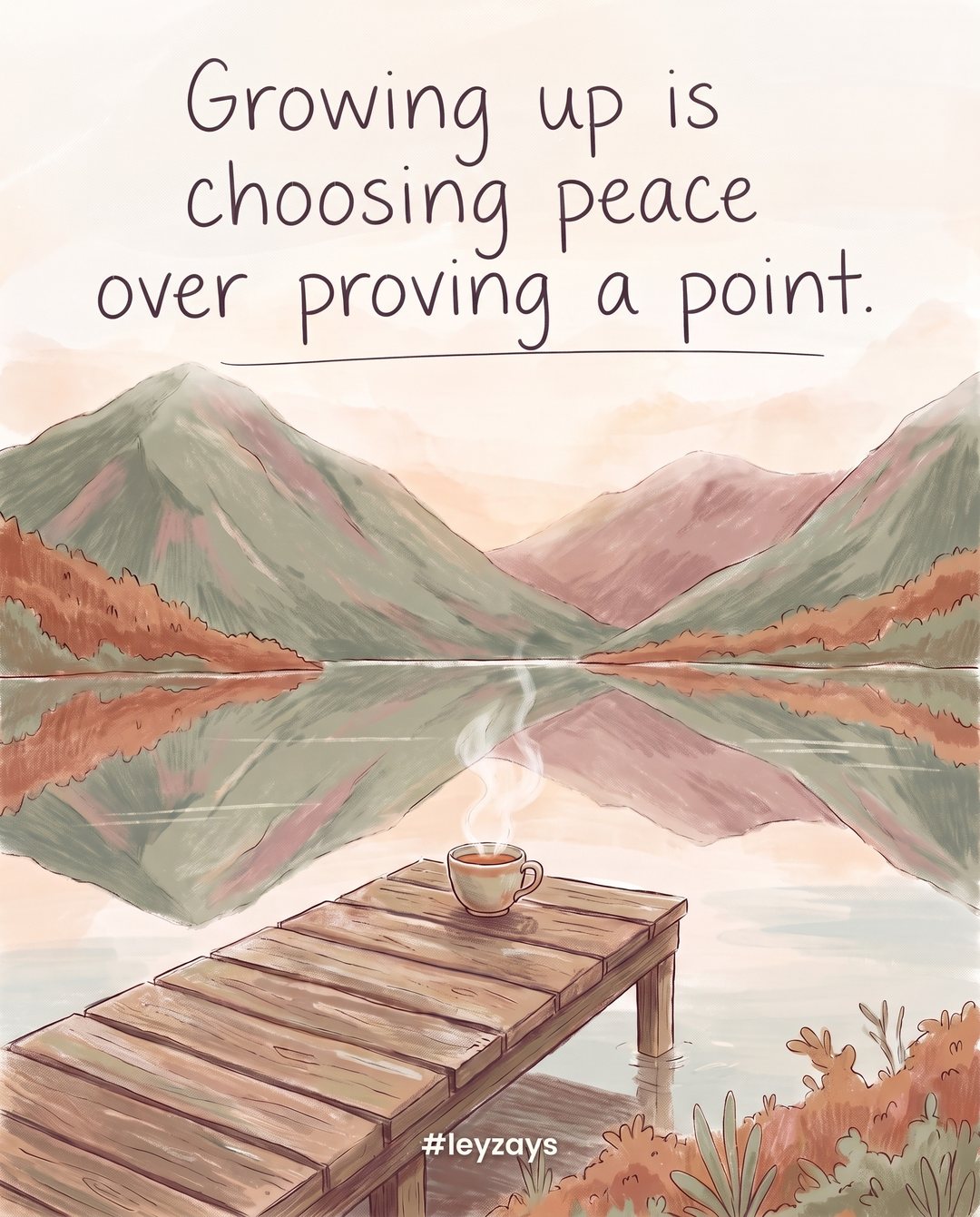 Illustration: A calm lakeside with a single wooden dock and a steaming cup of tea on it, mountains reflected in still water, soft morning light.