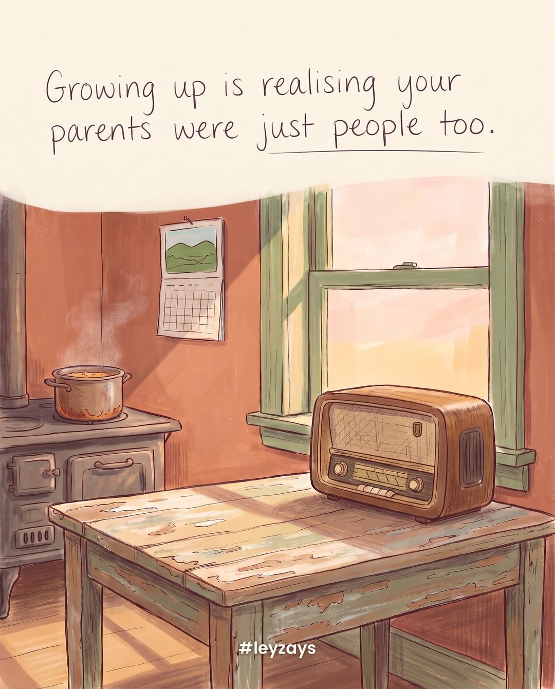 Illustration: An old family kitchen with a worn wooden table, a vintage radio, a calendar on the wall and a pot on the stove, warm afternoon light, no people.