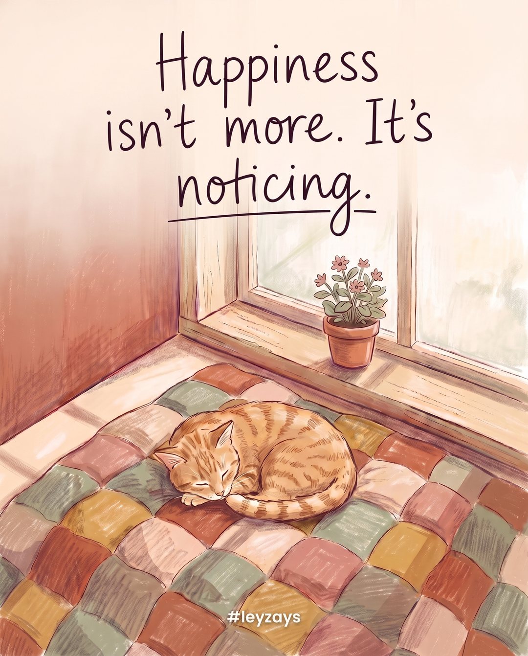Illustration: Morning light through a window falling on a cat curled asleep on a patchwork quilt, a small potted plant on the sill.