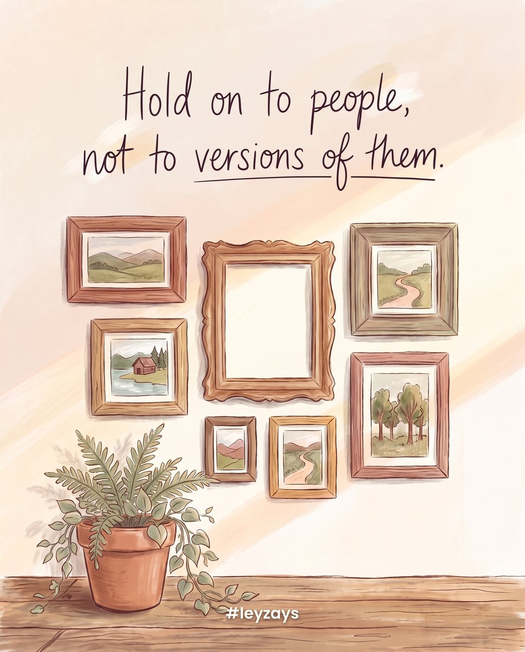 Illustration: A collection of old framed photos of landscapes and places on a wall, one empty frame waiting, sunlight across the wall and a plant below.