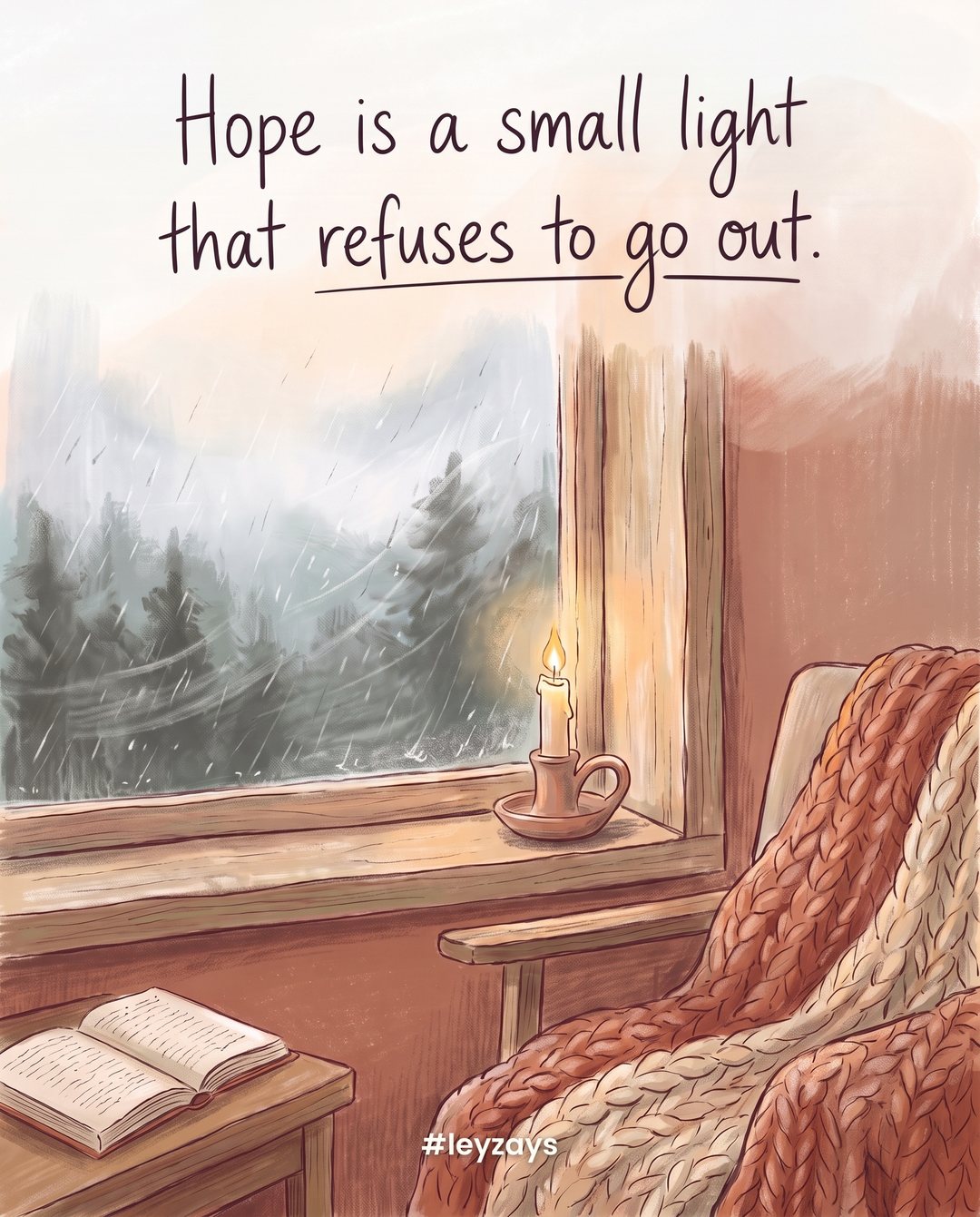 Illustration: A single candle flame glowing steadily on a windowsill while rain and wind blow outside the glass, a cozy dim room.