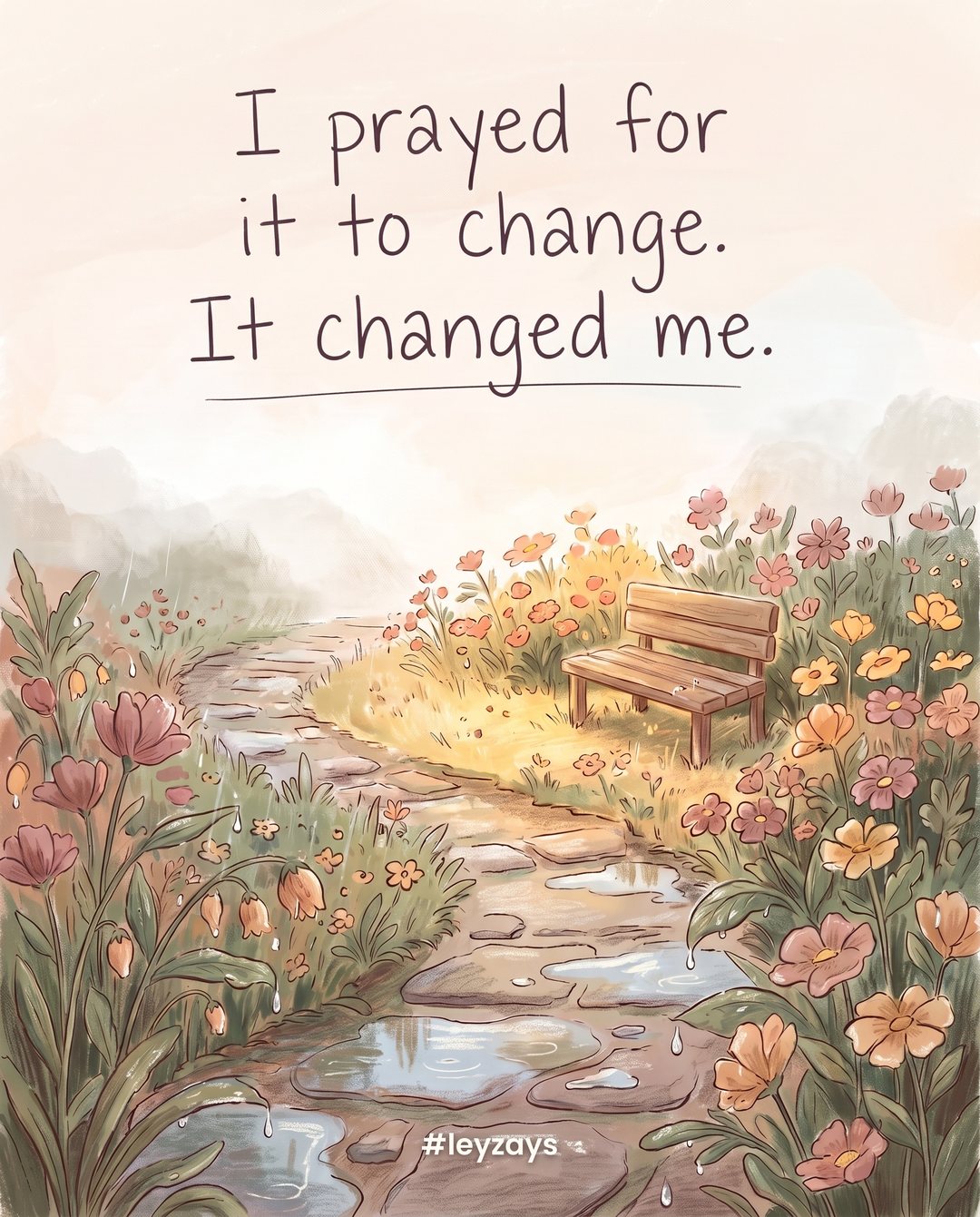 Illustration: A stone path through a garden in the rain that turns into a sunlit flowering garden further along, a small wooden bench in the sun.
