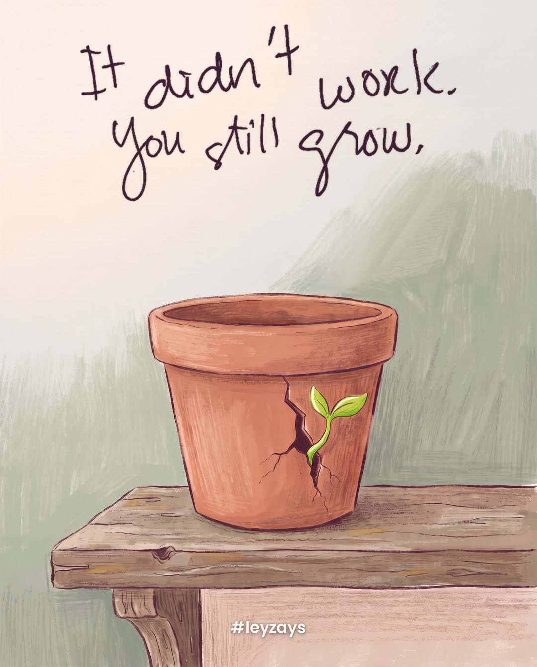 Illustration: A cracked terracotta clay pot on a wooden shelf with a small bright green sprout growing out through the crack.