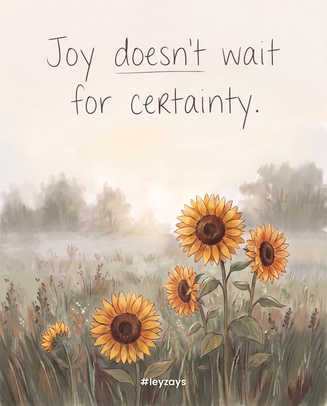 Illustration: A few sunflowers blooming brightly in a foggy field at dawn, the rest of the field soft and misty.