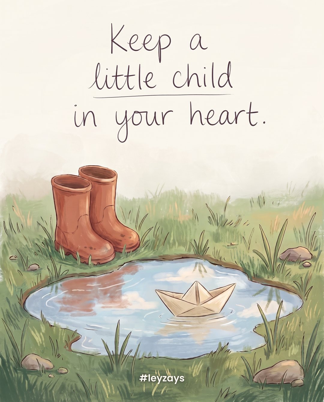 Illustration: A pair of small rain boots beside a big puddle reflecting a blue sky, a paper boat floating in the puddle, fresh green grass.