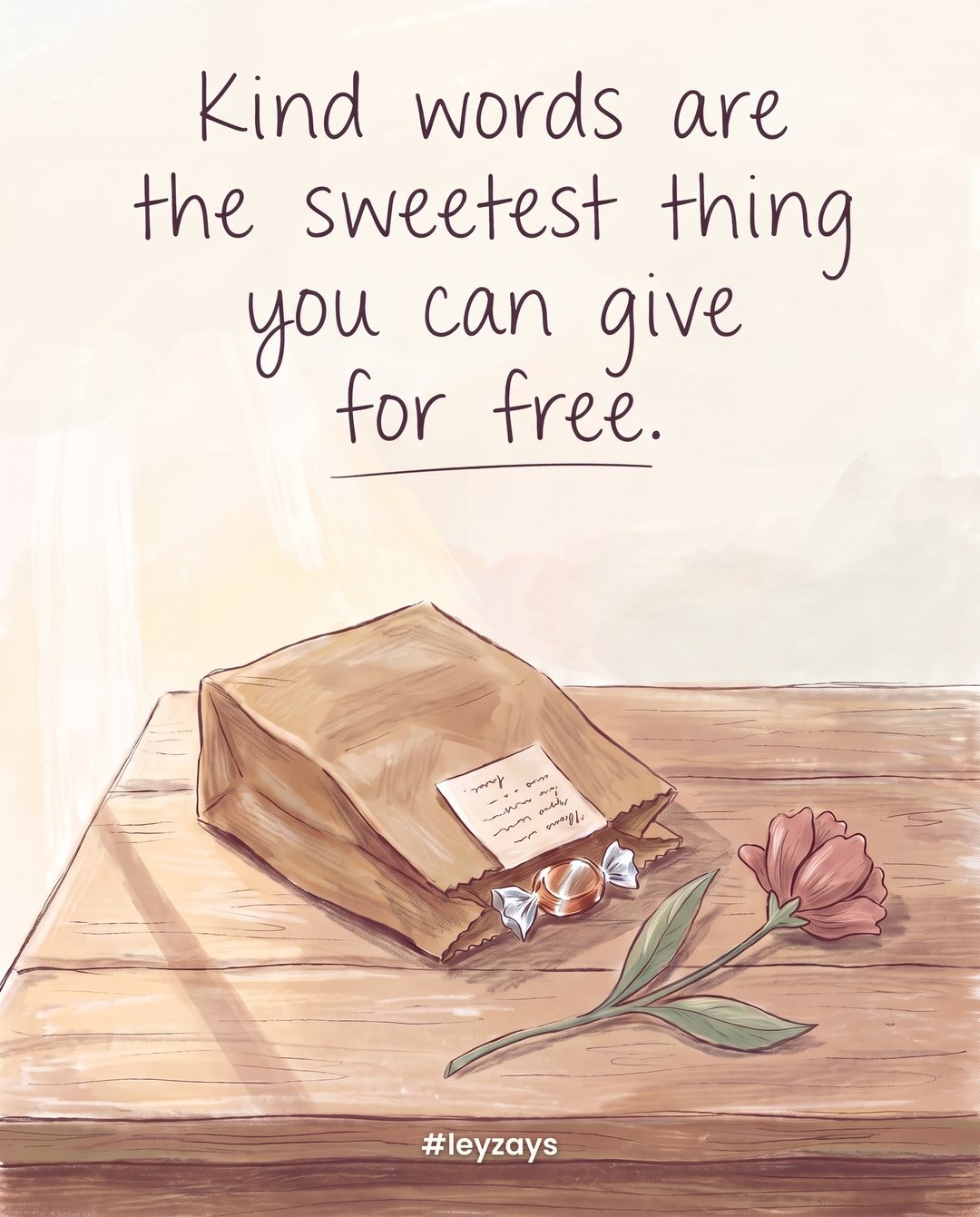 Illustration: A small handwritten card tucked into a lunch bag with a piece of candy, on a wooden table, morning light, a flower beside it (no readable words).