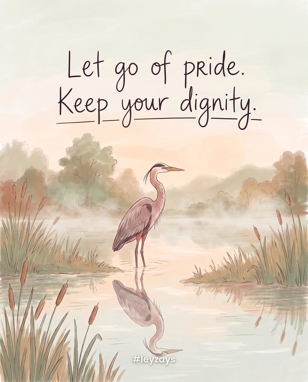 Illustration: A tall graceful heron standing calmly in a shallow pond at dawn, reflections in the still water, reeds and mist.