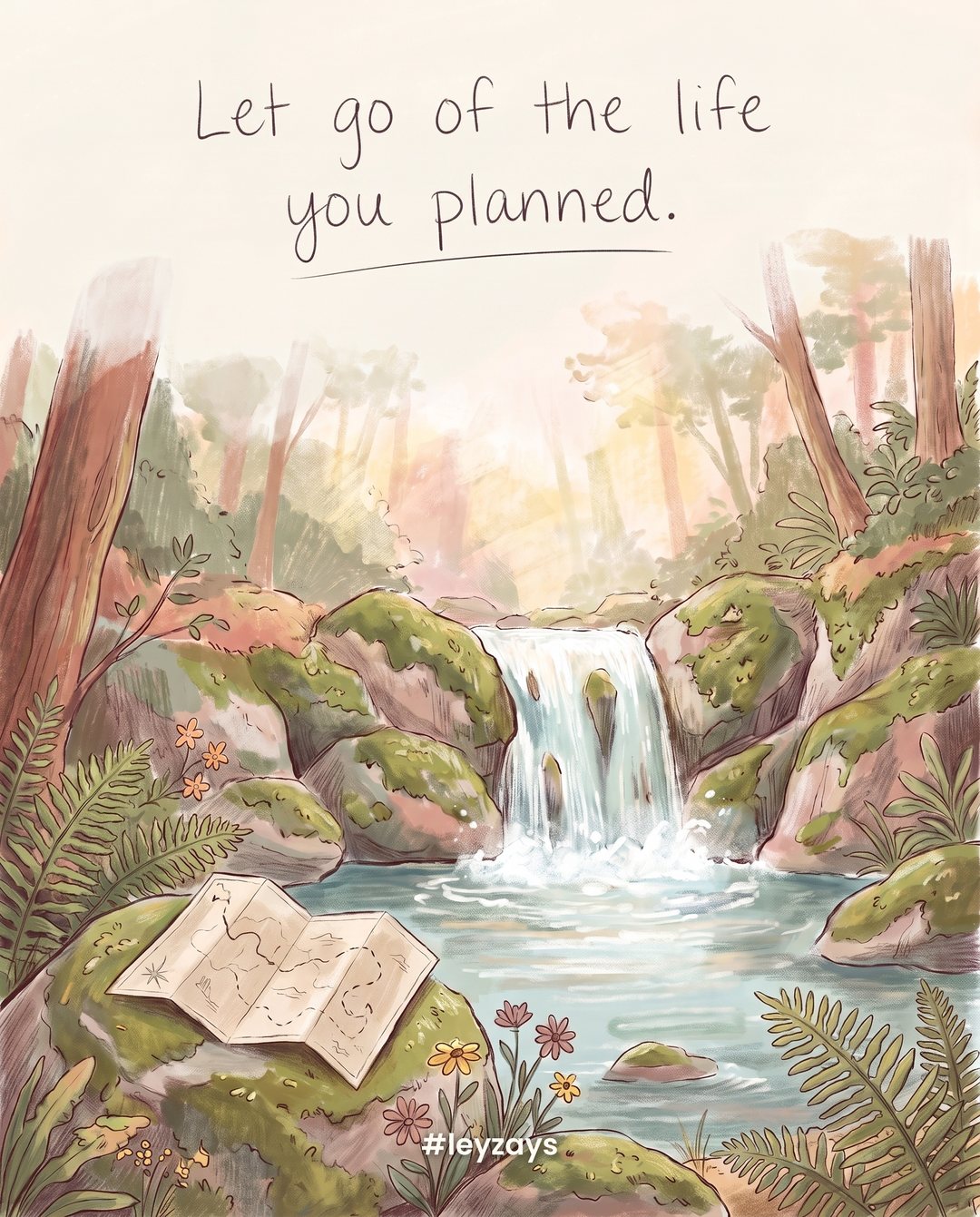 Illustration: A paper map with a planned route drawn on it, folded and set down on a rock beside a beautiful unexpected waterfall in a lush forest.