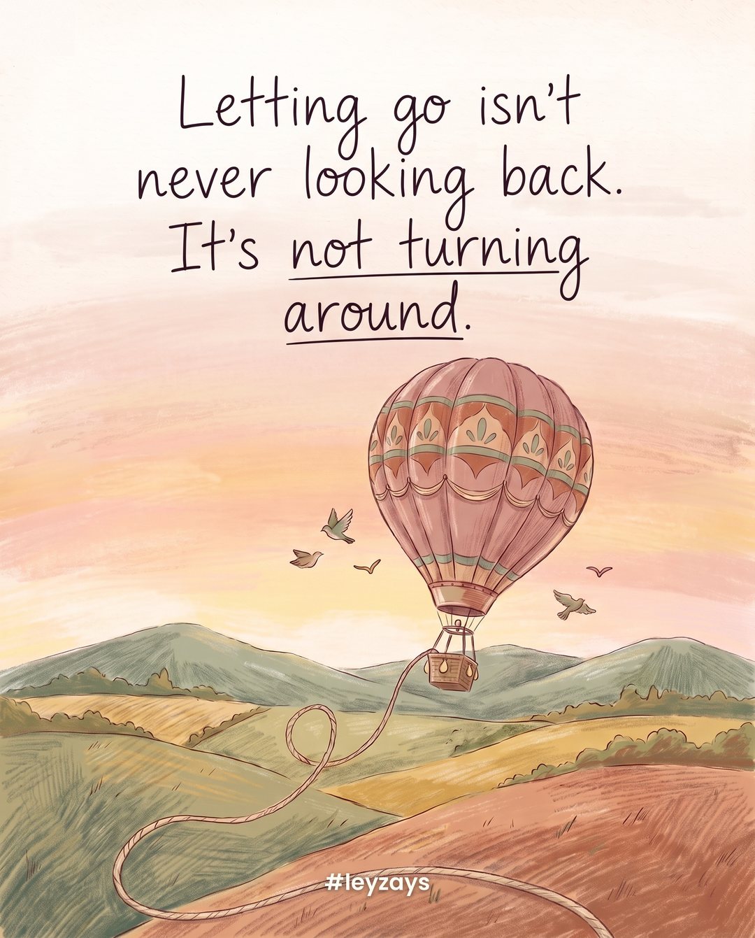 Illustration: A dusty-rose hot-air balloon rising gently over green fields and hills, its rope trailing loose below, a few birds flying alongside, soft sunrise.