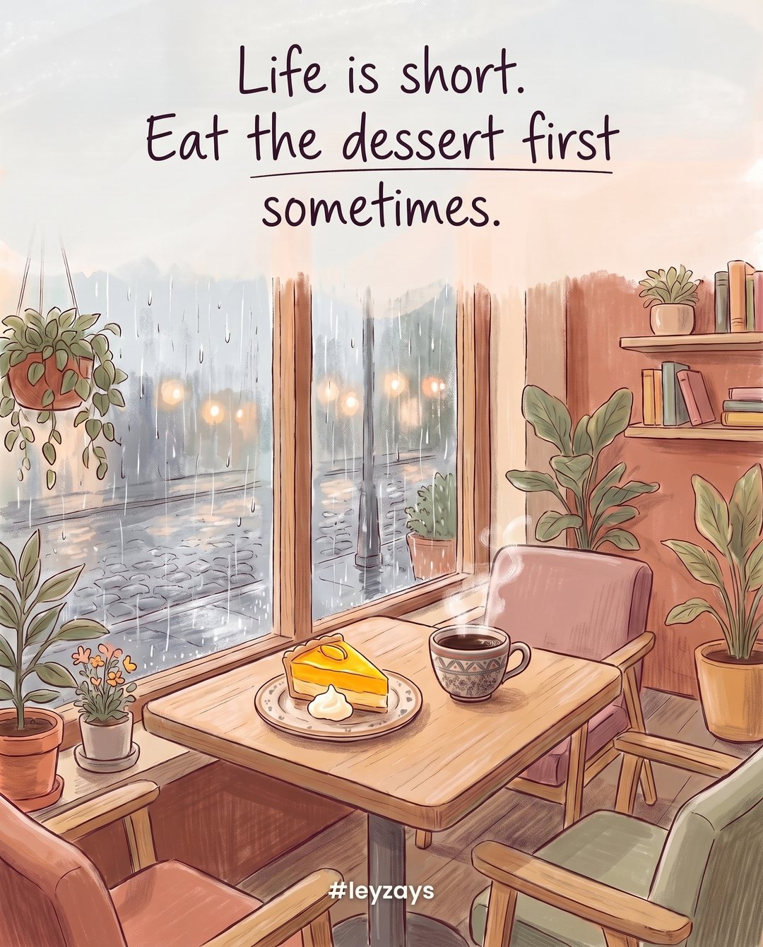 Illustration: A slice of mango cake and a cup of coffee on a small café table by a window, rain outside, a cozy warm interior.