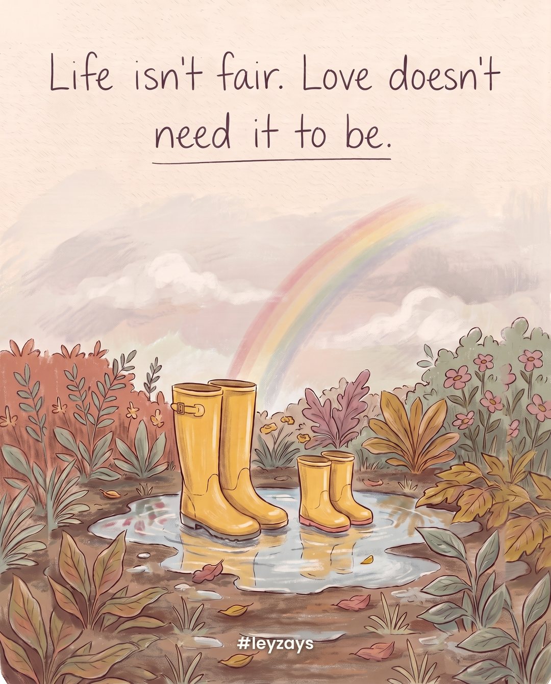Illustration: A big pair and a small pair of yellow rain boots standing side by side in a garden puddle after the rain, a rainbow faint in the sky.